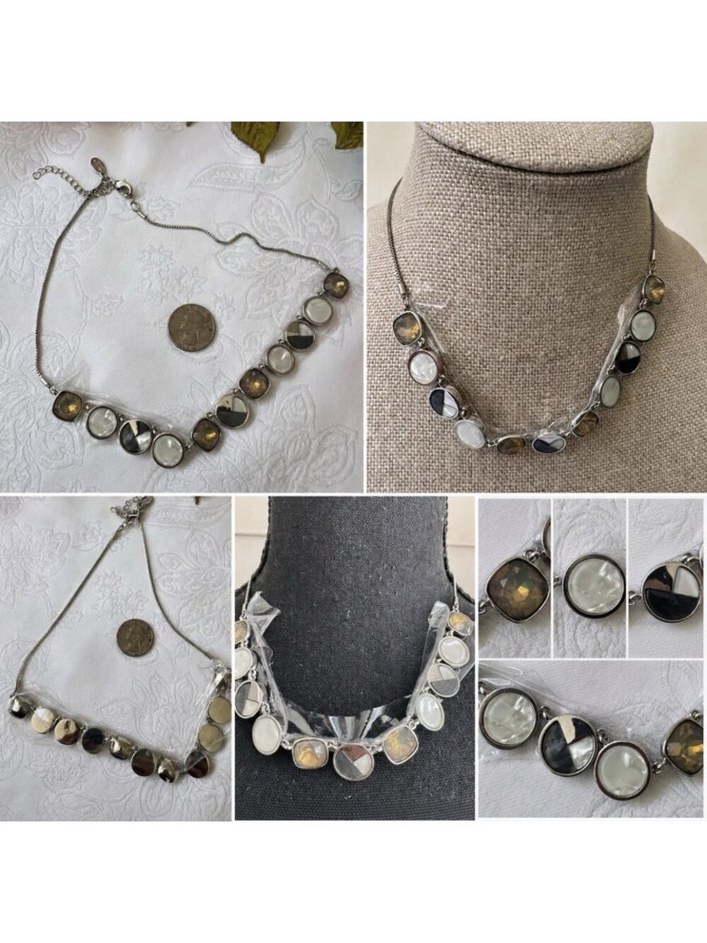 Ann Taylor Silvertone Mother of Pearl Gem Charm Statement Necklace 16" NEW